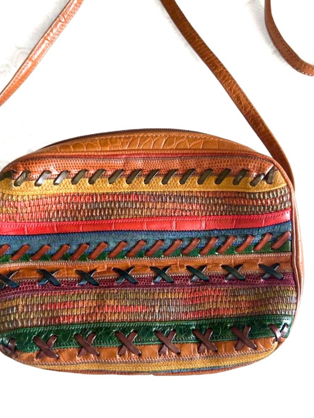 Sharif Multicolor Leather Woven Crossbody Bag in Tan, Red, Blue, Green
